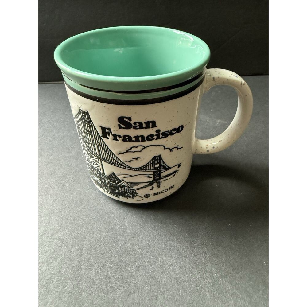 Vintage San Francisco California Confetti Mug White Green 1982 Trolley Bridge